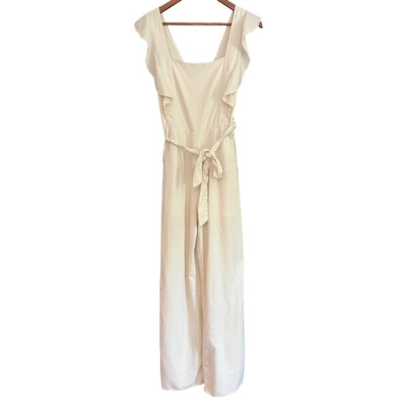 Cream Ruffle Sleeve Linen Blend Jumpsuit With Waist Tie Square Neckline & Wide L - Picture 3 of 11